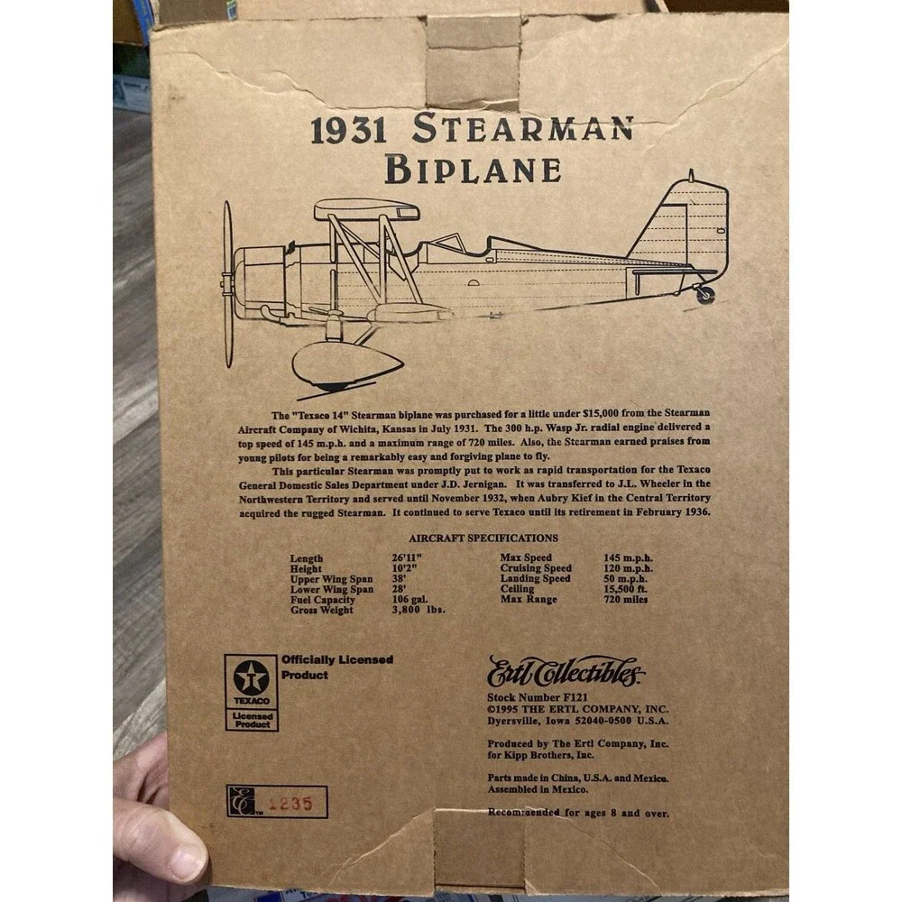 Ertl Wings of Texaco 1931 Stearman Biplane Diecast Bank 3rd in Series 1995